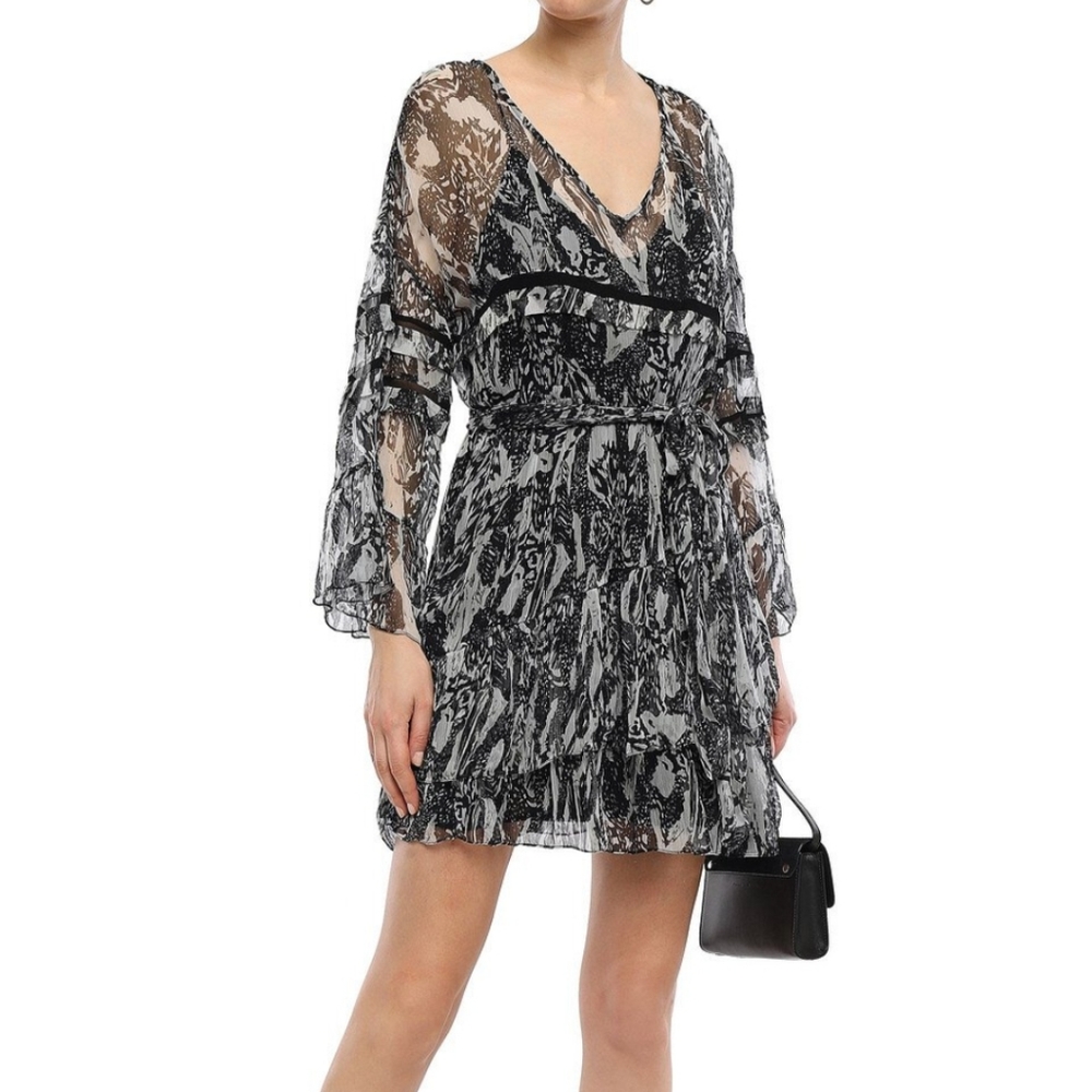 NWT Iro Woman Belted Printed Georgette Mini Dress Black Size 8